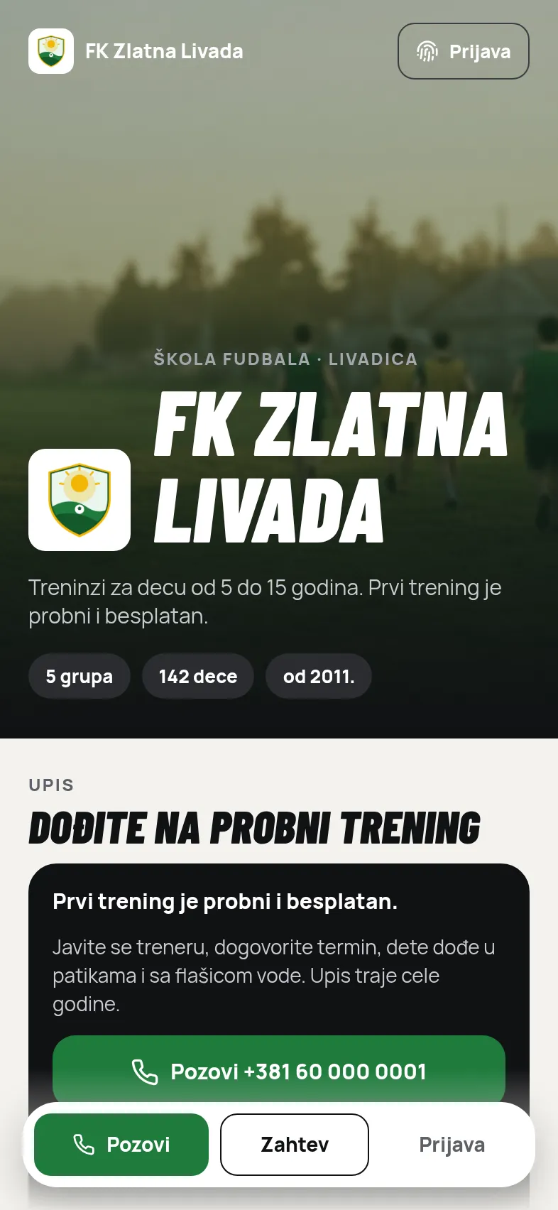 Javna strana izmišljenog kluba FK Zlatna Livada: naslovna sa grbom, imenom kluba i tri dugmeta: Pozovi, Zahtev i Prijava.
